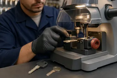 Máquina copiando uma chave em um estabelecimento de chaveiro em Piraquara.